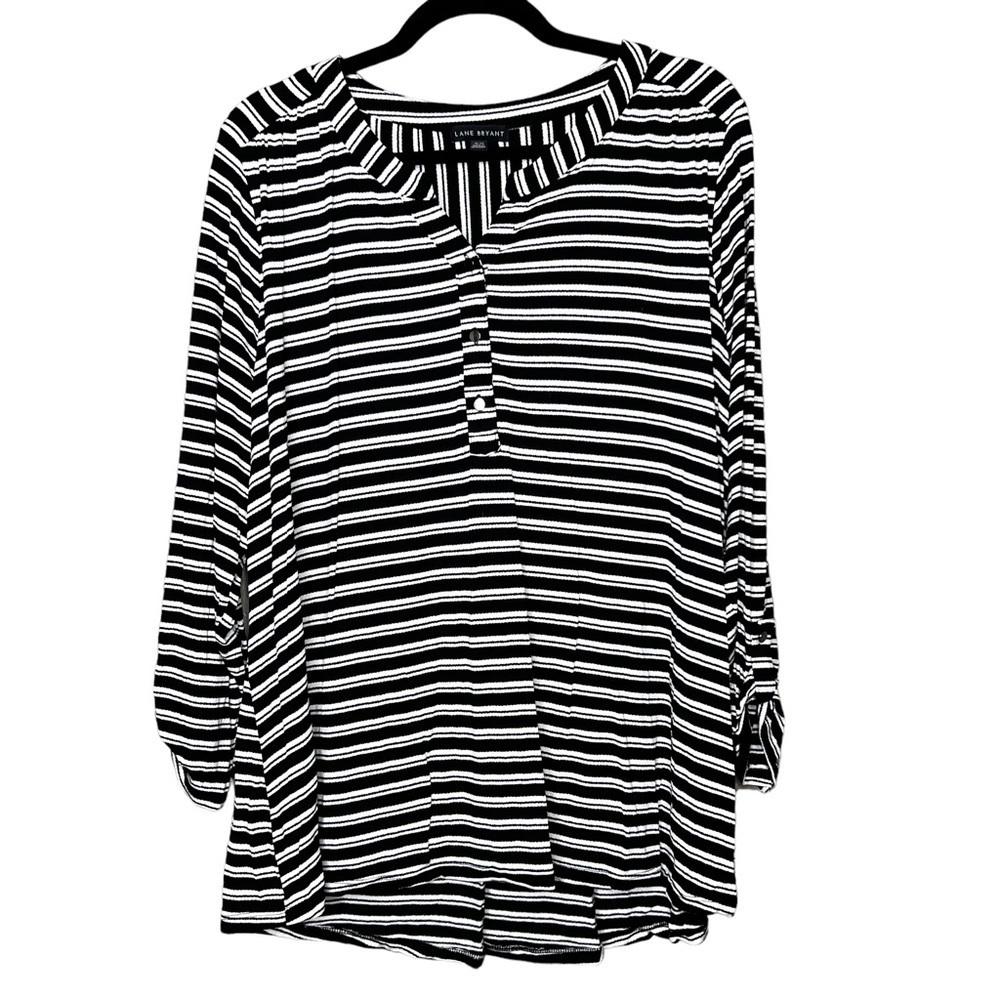 Lane Bryant Womens Plus Size 18 20 Black White Striped Top Roll Tab Sleeve Shirt
